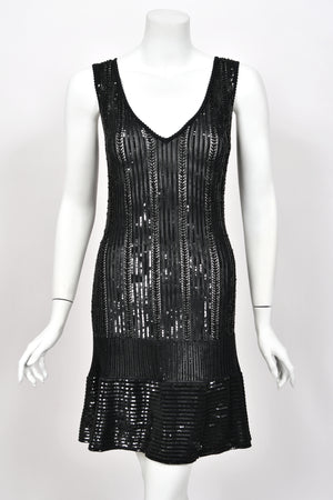 1996 Azzedine Alaia Beaded Sequin Black Semi-Sheer Stretch Knit Flounced Mini Dress