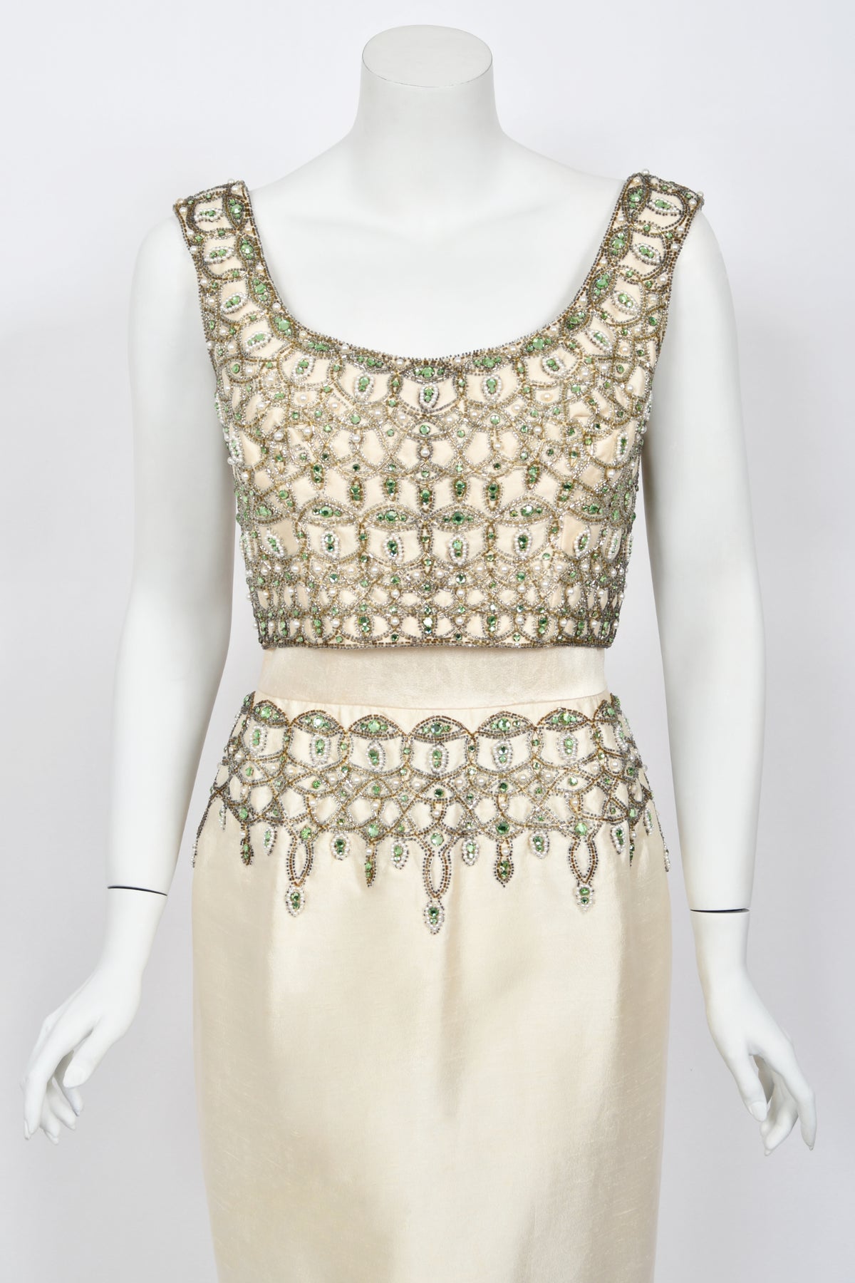 1960&#39;s British Crown Colony Beaded Rhinestone Ivory Silk Crop Top Column Gown