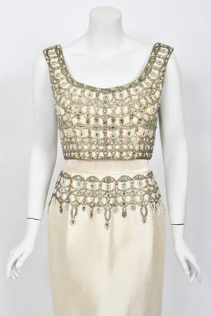 1960's British Crown Colony Beaded Rhinestone Ivory Silk Crop Top Hourglass Gown