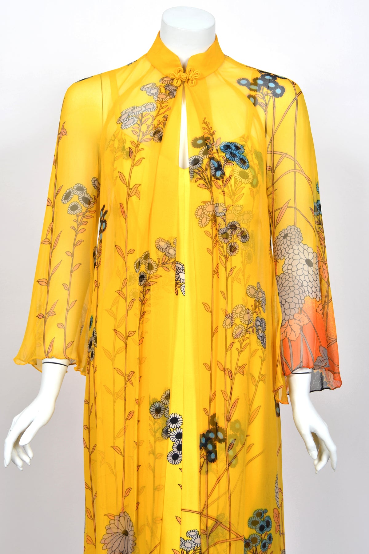 1972 Hanae Mori Couture Vogue Editorial Sunset Ombrè Floral Silk Gown & Matching Sheer Jacket