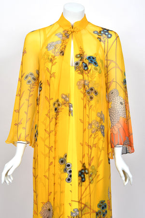 1972 Hanae Mori Couture Vogue Editorial Sunset Ombrè Floral Silk Gown & Matching Sheer Jacket