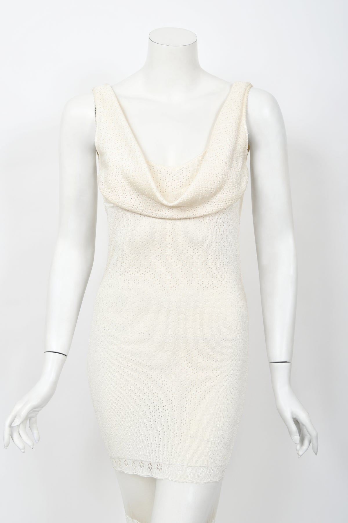 1998 John Galliano Documented Runway Ivory Stretch Knit Sheer Bias-Cut Backless Gown