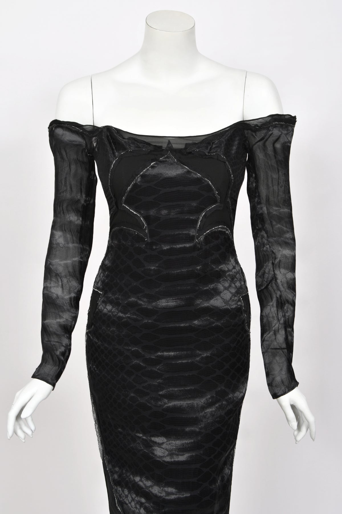 2004 Tom Ford for Yves Saint Laurent Runway Sheer Black Boned Off-Shoulder Hourglass Dress
