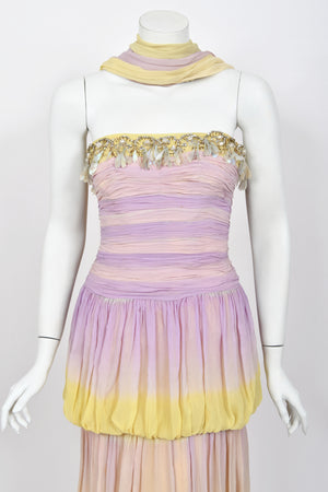 1950 Carven Haute Couture for Cécile Aubry Lilac Yellow Ombré Silk Corset Strapless Hooded Gown