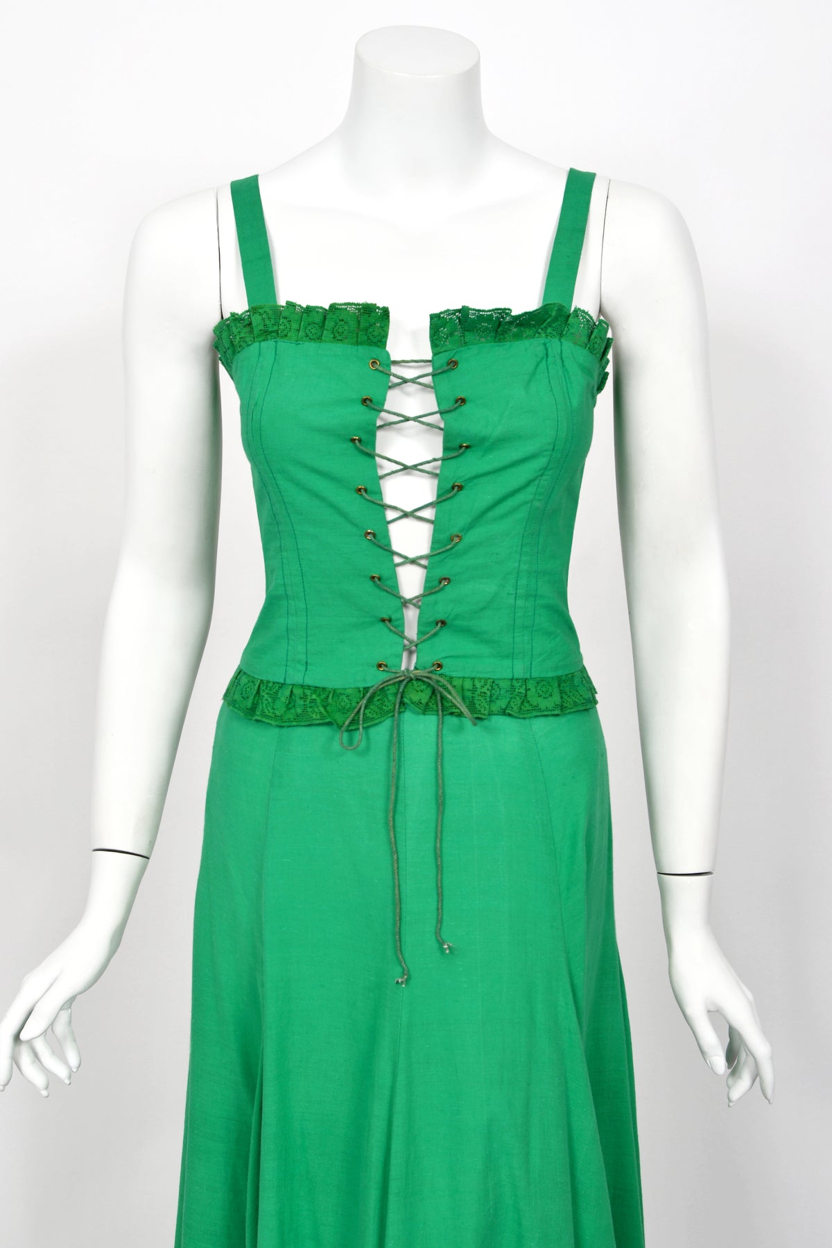 1976 Biba Emerald Green Cotton Lace-Up Corset Top & Matching Maxi Skirt