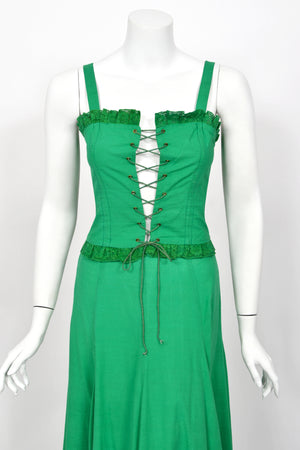 1976 Biba Emerald Green Cotton Lace-Up Corset Top & Matching Maxi Skirt