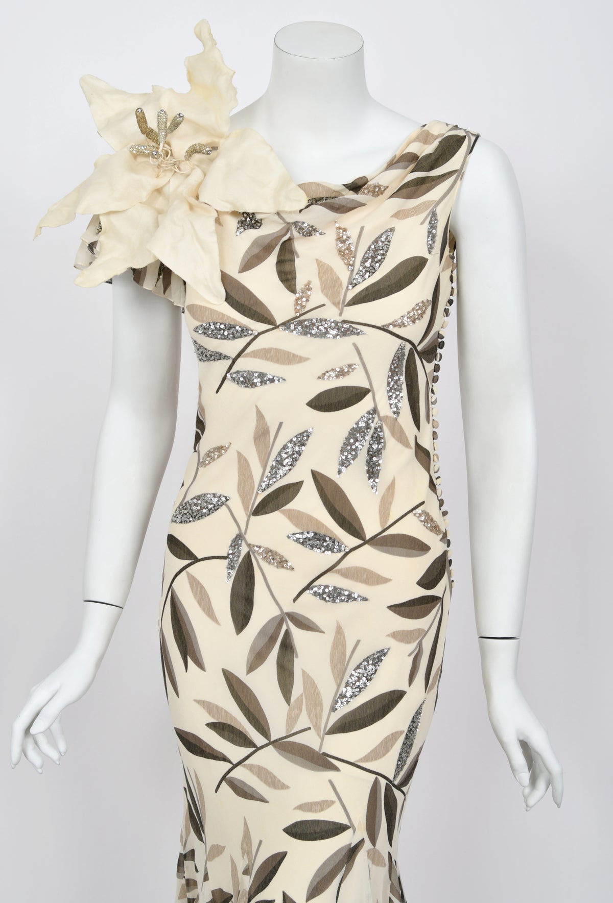 2008 Christian Dior by John Galliano Leaf Motif Sequin Silk Appliqué Bias-Cut Dress