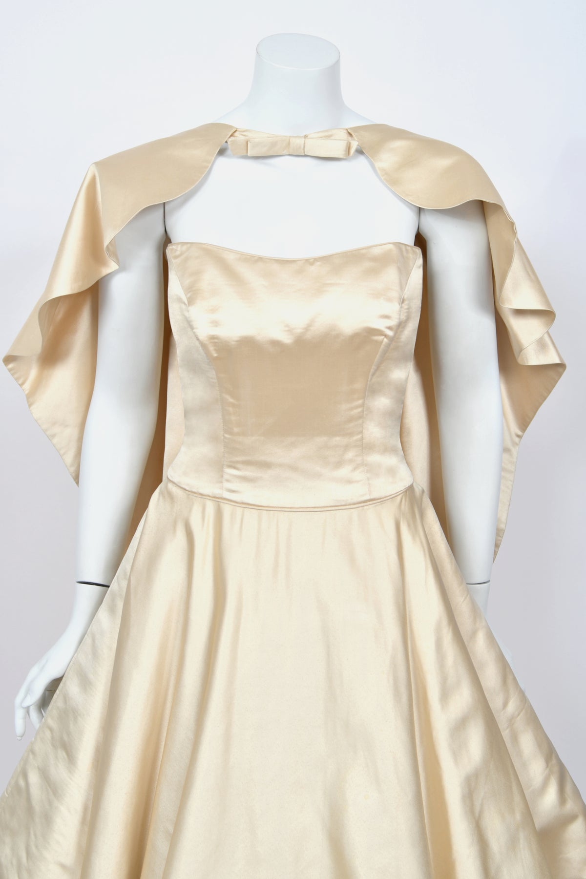 1950's Don Loper Couture Ivory Silk Satin Strapless Full-Skirted Dress w/ Detachable Cape