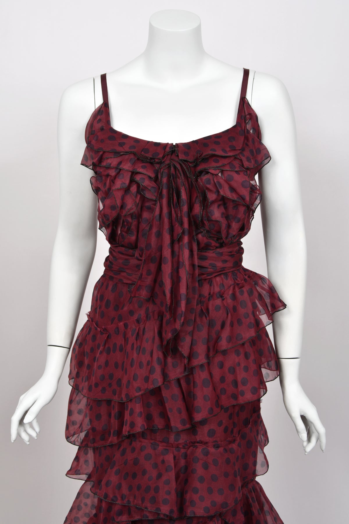 2011 Nina Ricci Editorial Burgundy & Black Polka-Dot Silk Tiered Ruffle Trained Gown w/ Tags