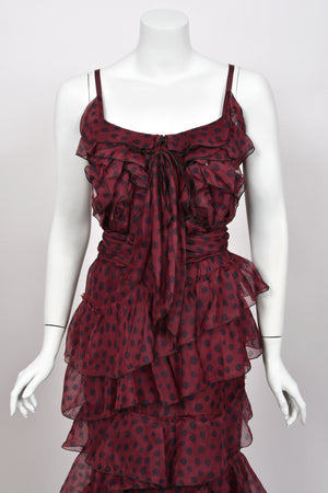 2011 Nina Ricci Editorial Burgundy & Black Polka-Dot Silk Tiered Ruffle Trained Gown w/ Tags