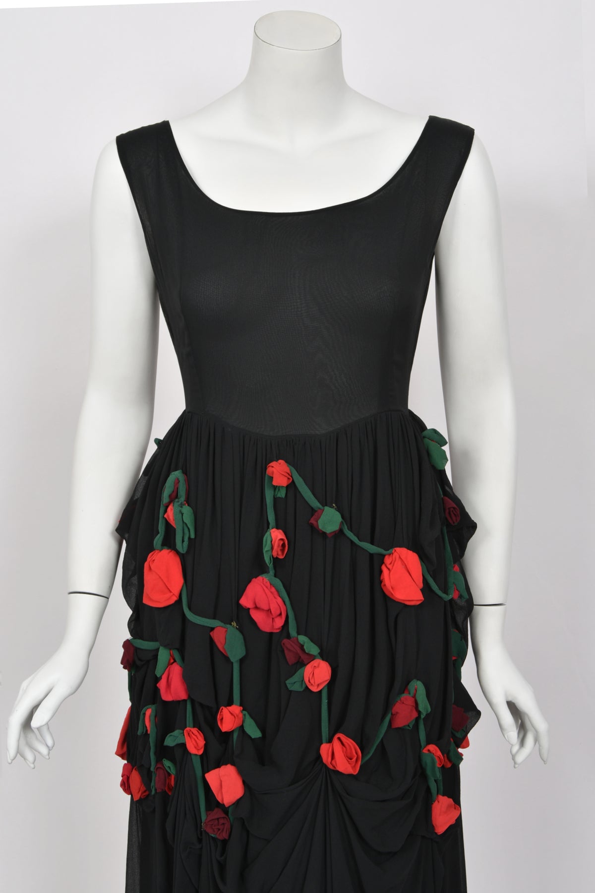 1990 Dolce &amp; Gabbana Black Silk Chiffon Red-Roses Floral Appliqué Dress