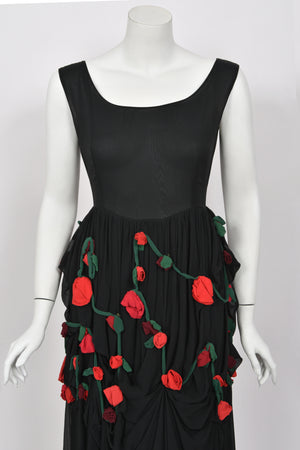 1990 Dolce & Gabbana Black Silk Chiffon Red-Roses Floral Appliqué Dress