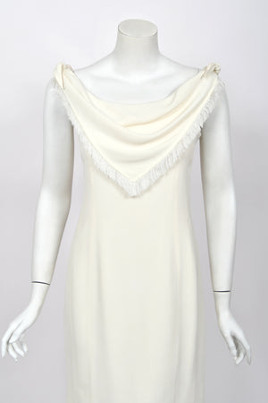 1998 Christian Dior by John Galliano Resort Collection Ivory White Crepe Fringed-Bib Dress