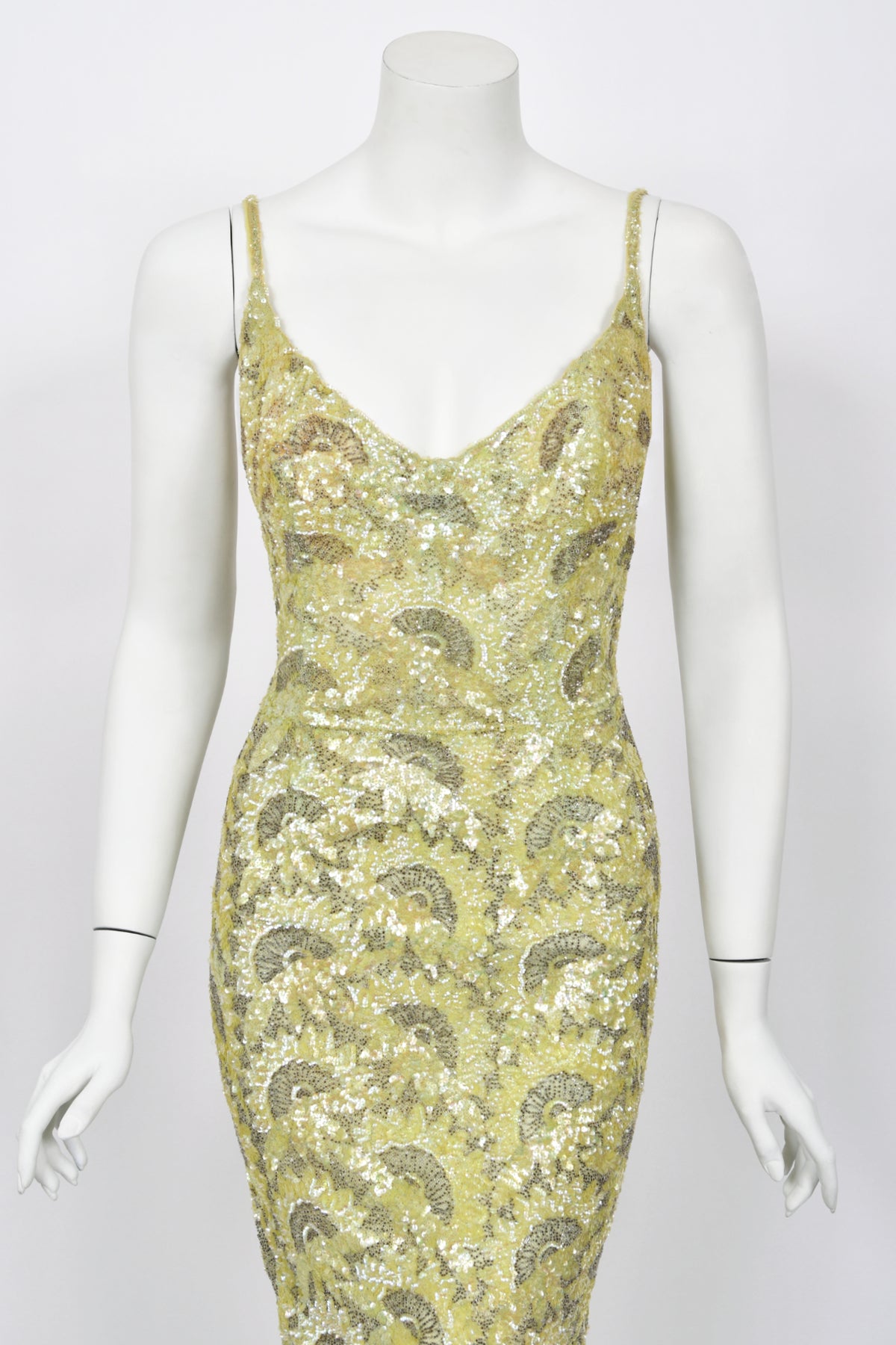 1950's Jacqueline Paris Couture Chartreuse Fully-Beaded Backless Hourglass Gown