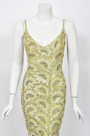 1950's Jacqueline Paris Couture Chartreuse Fully-Beaded Backless Hourglass Gown