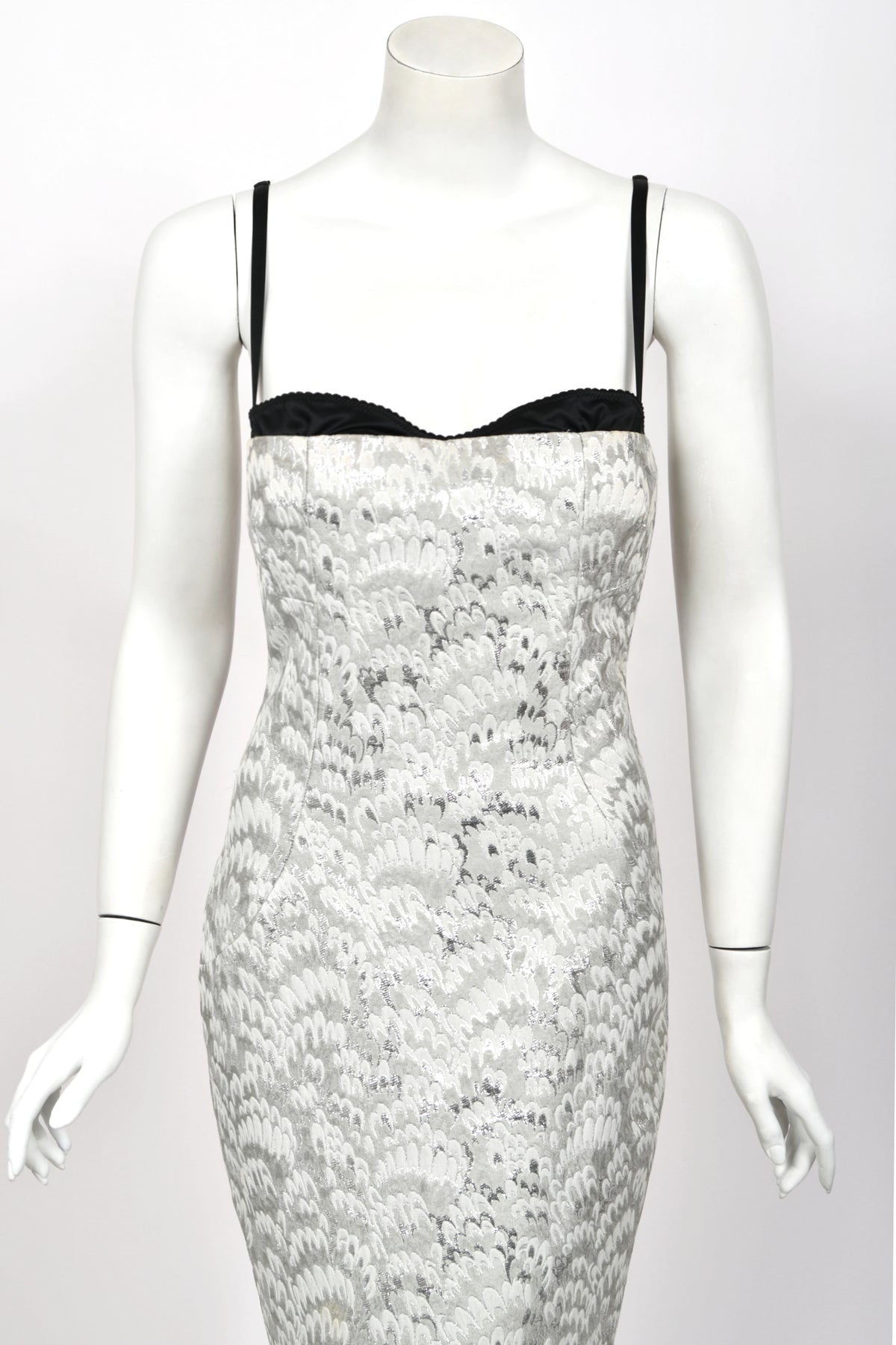 2003 Dolce &amp; Gabbana Metallic Silver Brocade Built-In Bra Hourglass Corset Dress