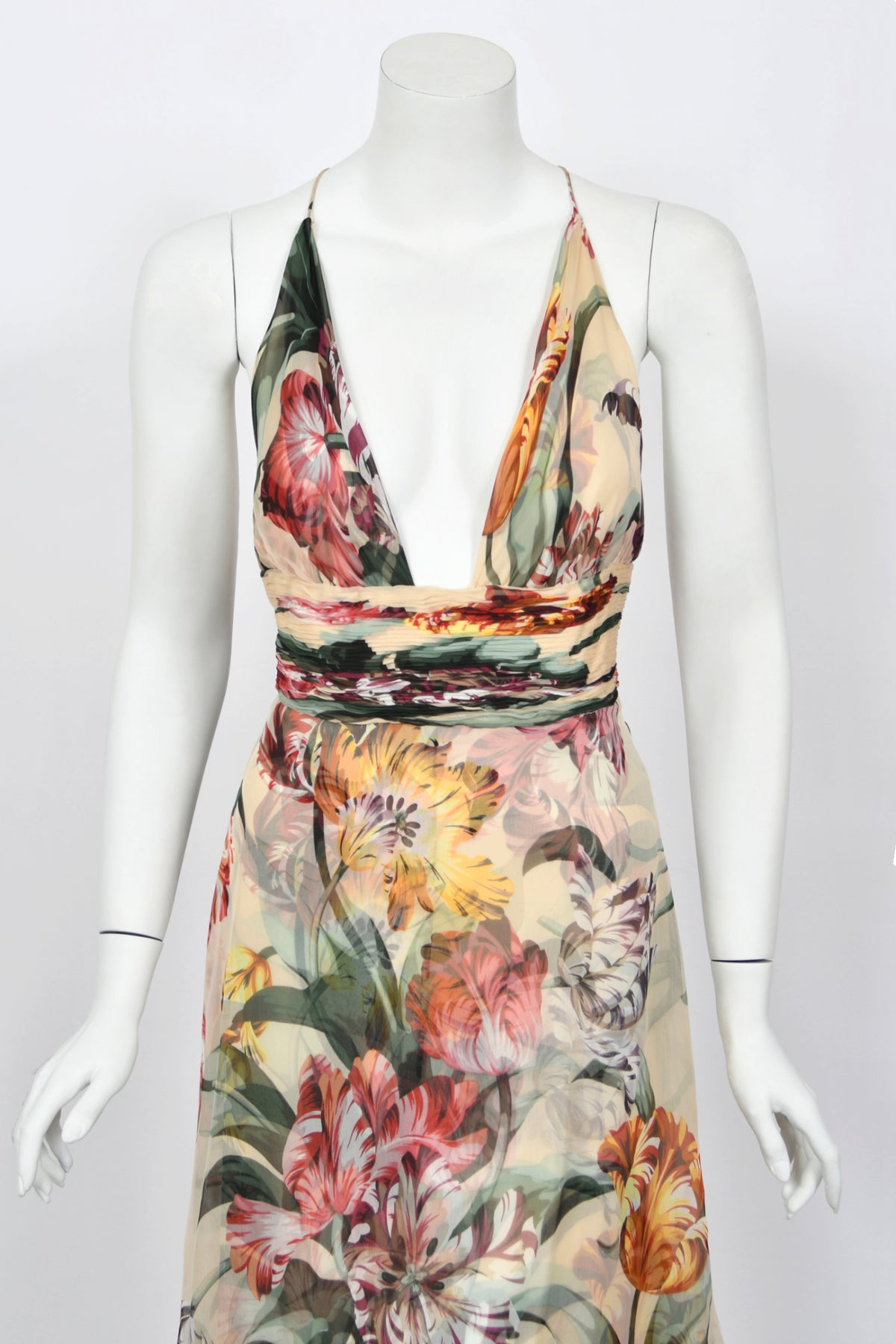 2005 Valentino Cruise Collection Colorful Floral Silk Low-Cut Halter Tiered Gown