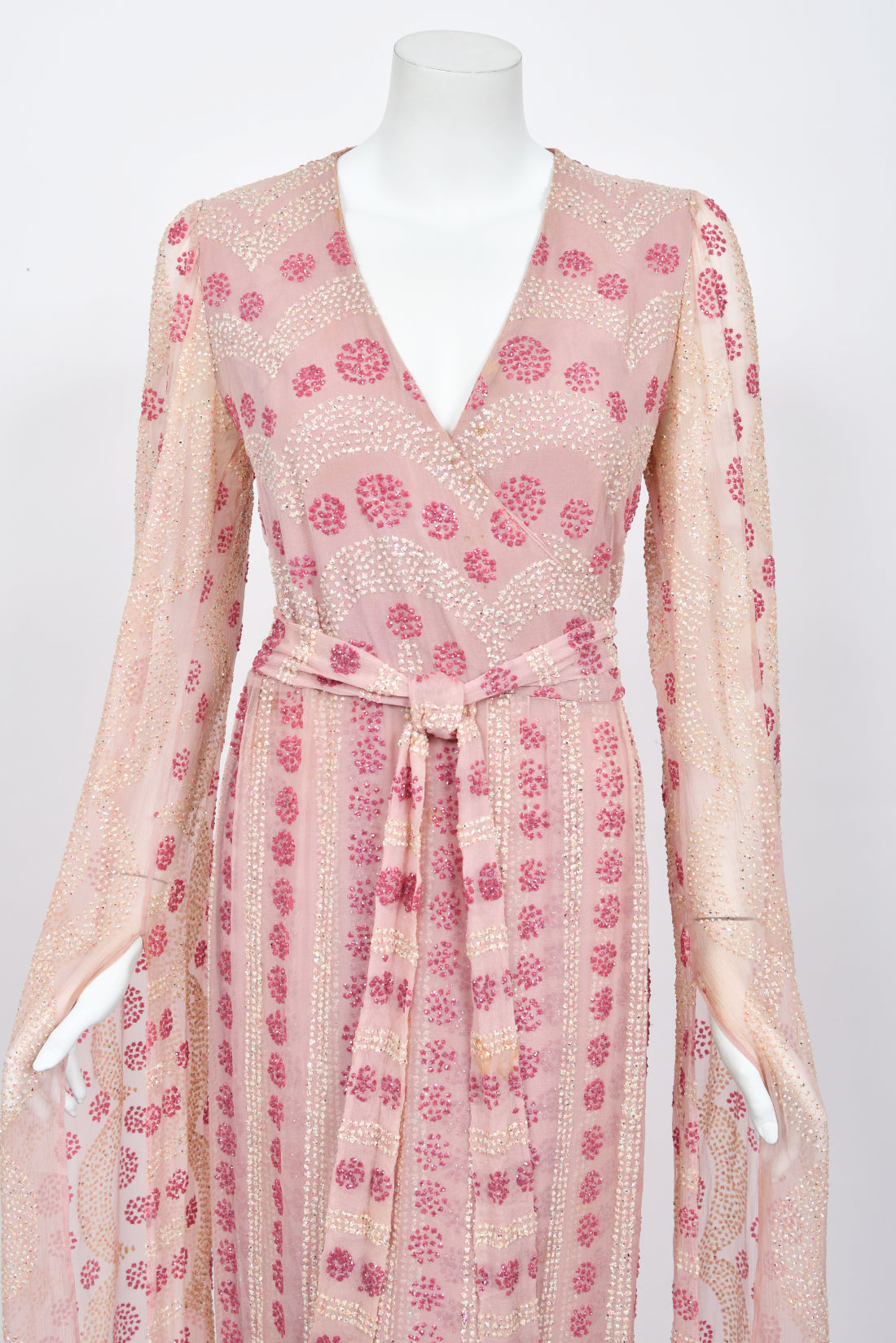 1974 Thea Porter Couture Sparkling Pink Glitter Silk Angel Sleeve Wrap Gown