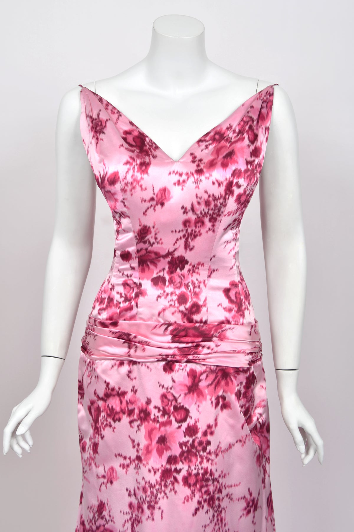 1955 Samuel Winston Vogue Documented Pink Floral Silk Satin Sculptural Trained Gown