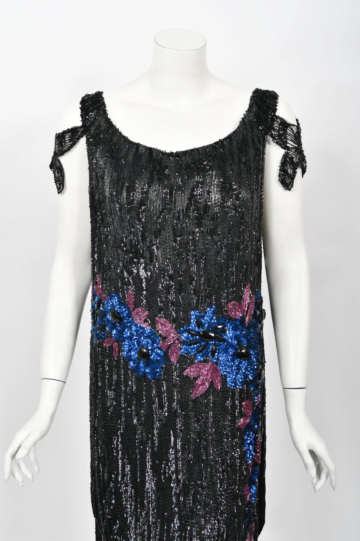 1920&#39;s Beaded Sequin Sheer-Net Butterfly Motif Asymmetric Flapper Dress