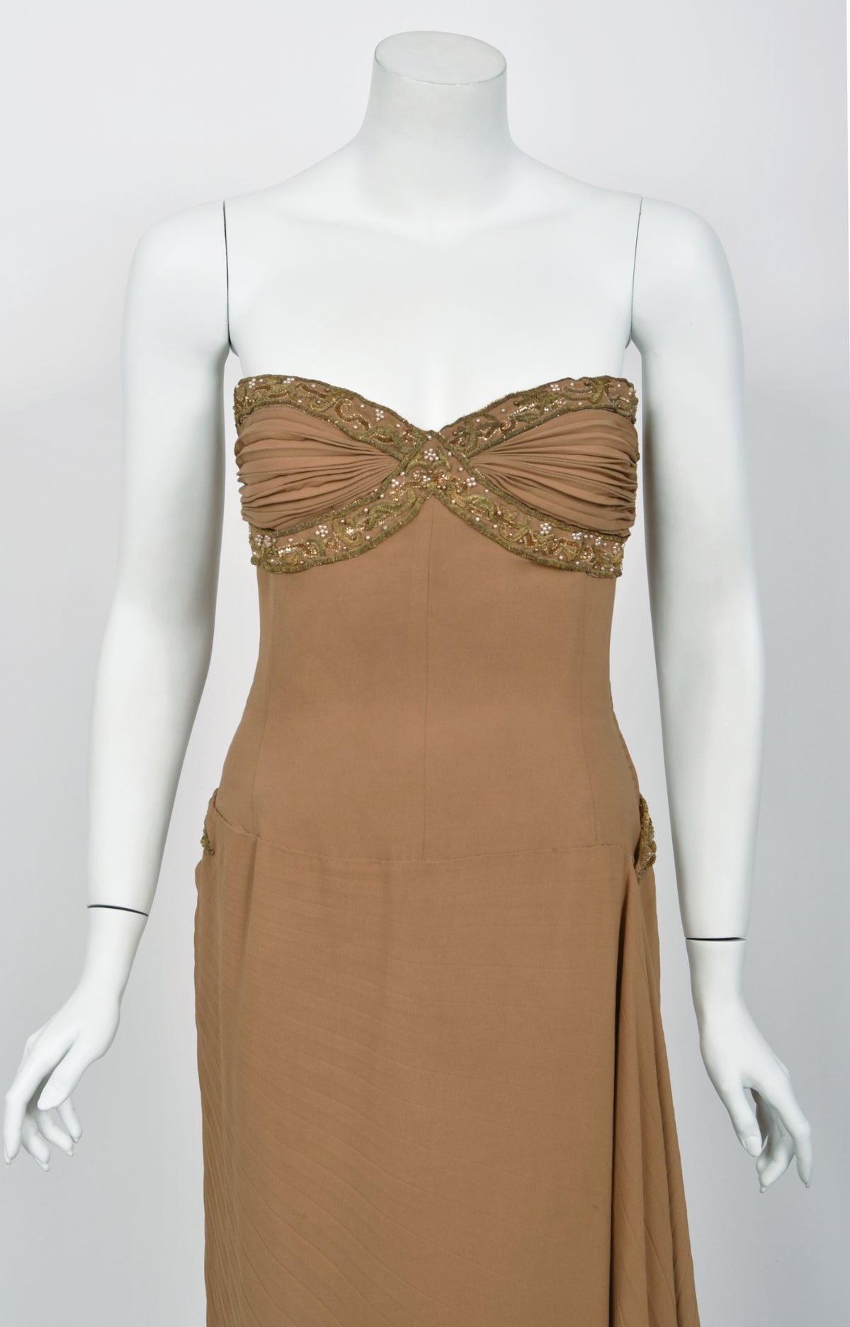 1950&#39;s Germana Marucelli Italian Couture Mocha Silk Pleated Strapless Gown