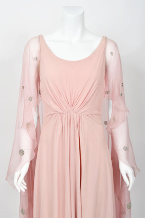 1974 Valentino Haute Couture Pale-Pink Beaded Crystal Silk Winged Cape Gown