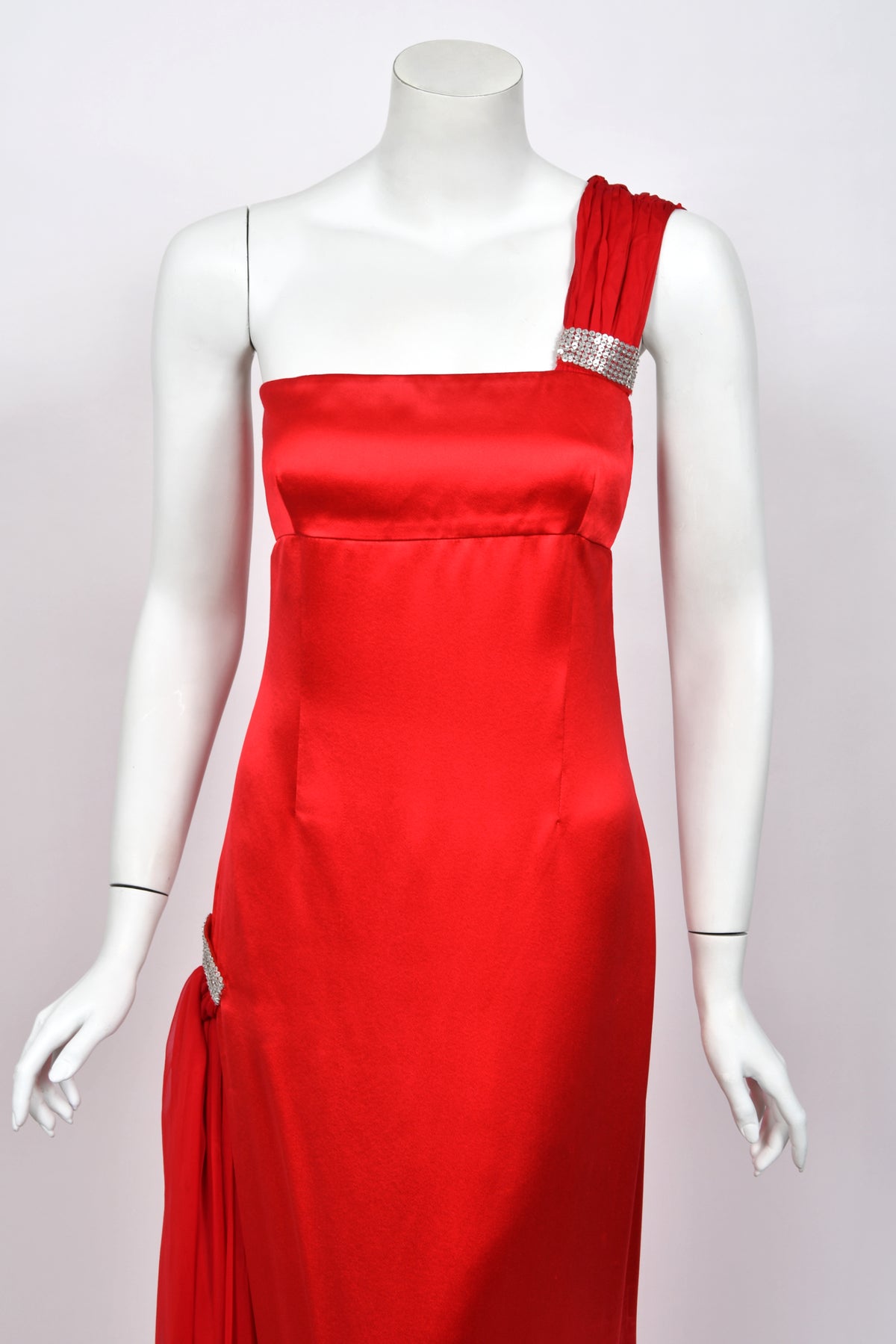 2008 Valentino Ruby Red Sequin Silk Asymmetric One-Shoulder Draped Sash Gown w/Tags