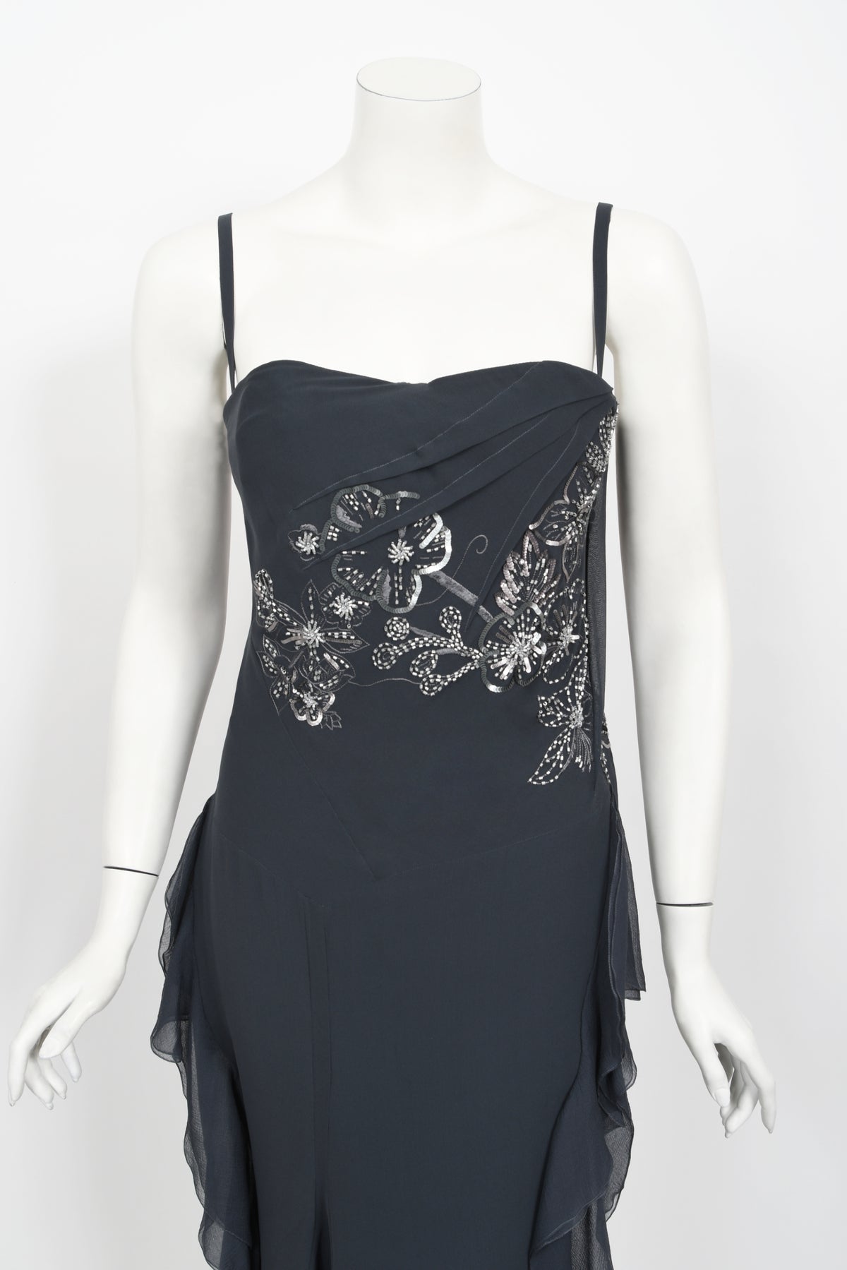 2006 Christian Dior by John Galliano Beaded Gunmetal Silk Bustier Dress