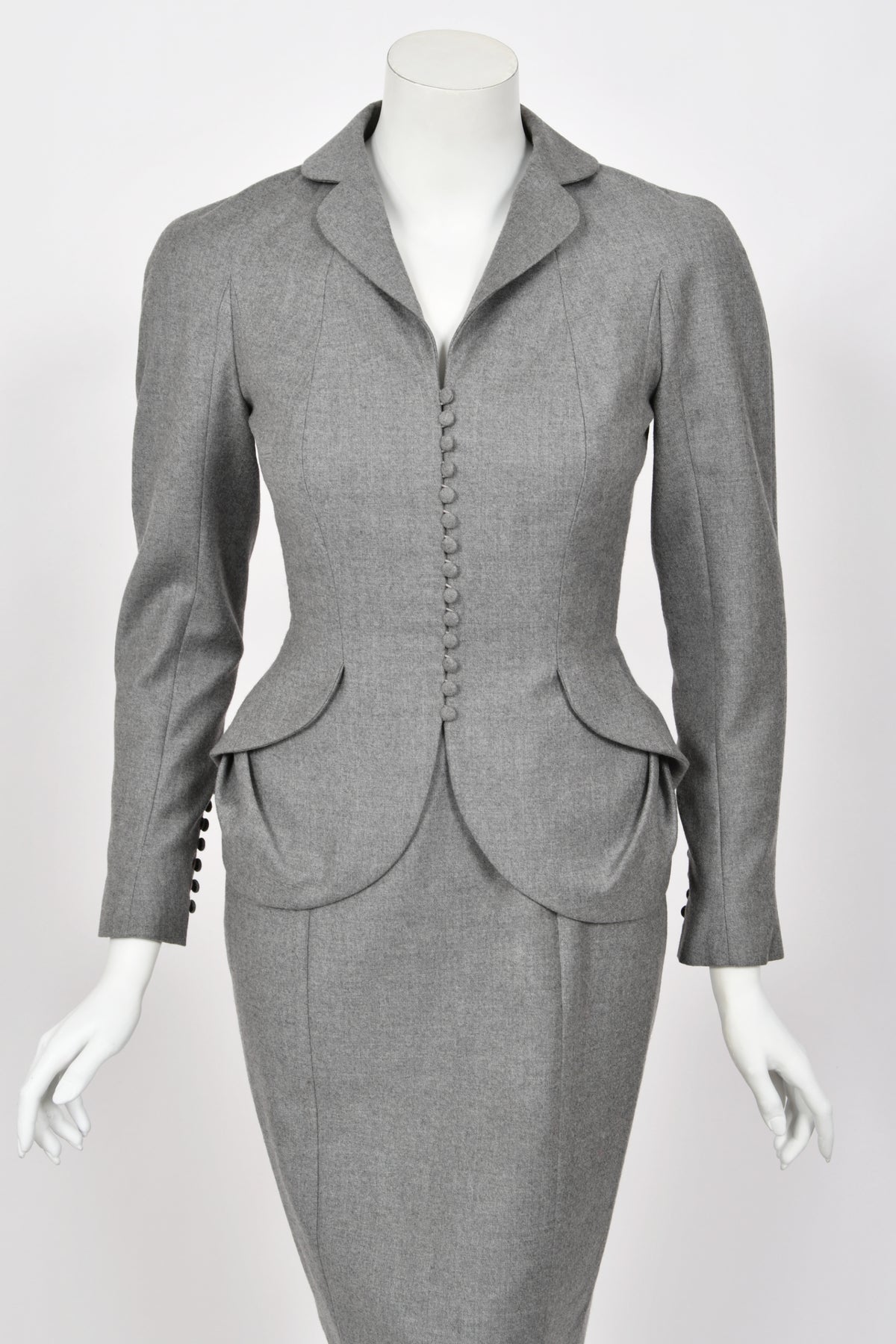 1998 John Galliano ‘Cabaret’ Collection Charcoal Gray Wool Dress & Peplum Jacket Suit