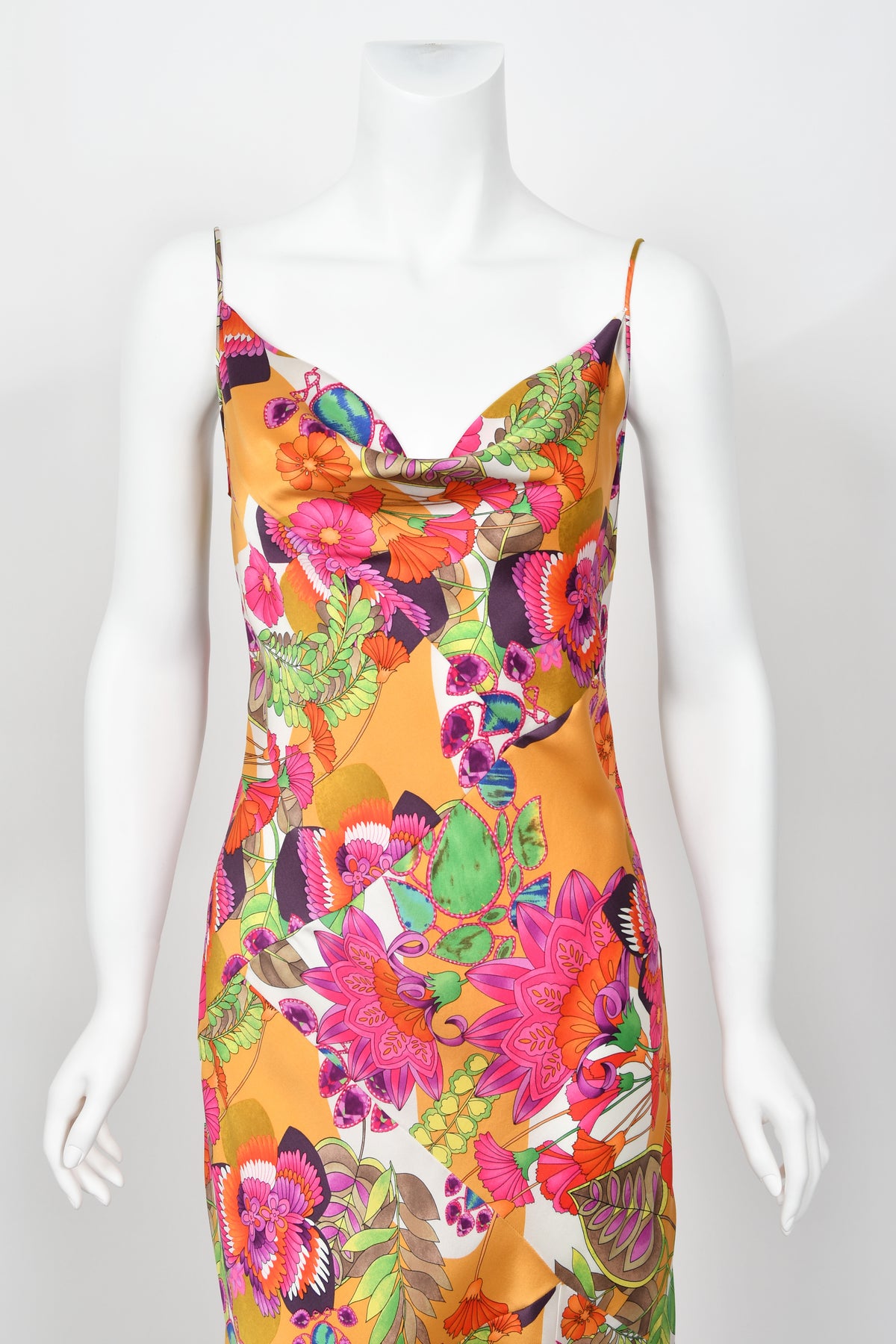 2005 Christian Dior by John Galliano Colorful Tie Dye Floral Silk Bias-Cut Dress