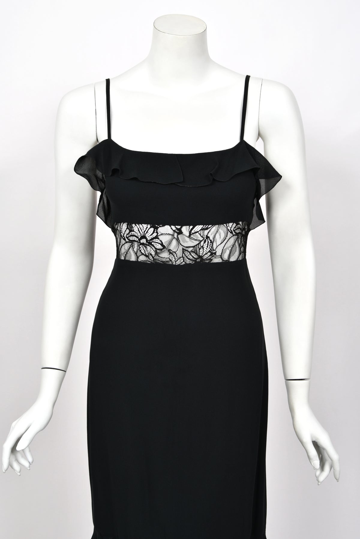 1994 Chanel by Karl Lagerfeld Cruise Collection Sheer Black Lace Ruffle-Trim Lingerie Gown