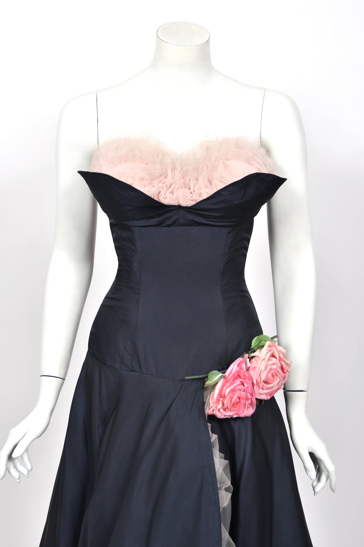 1950's Don Miguel of California Navy Silk &amp; Blush Pink Tulle Ruffle Shelf-Bust Strapless Dress