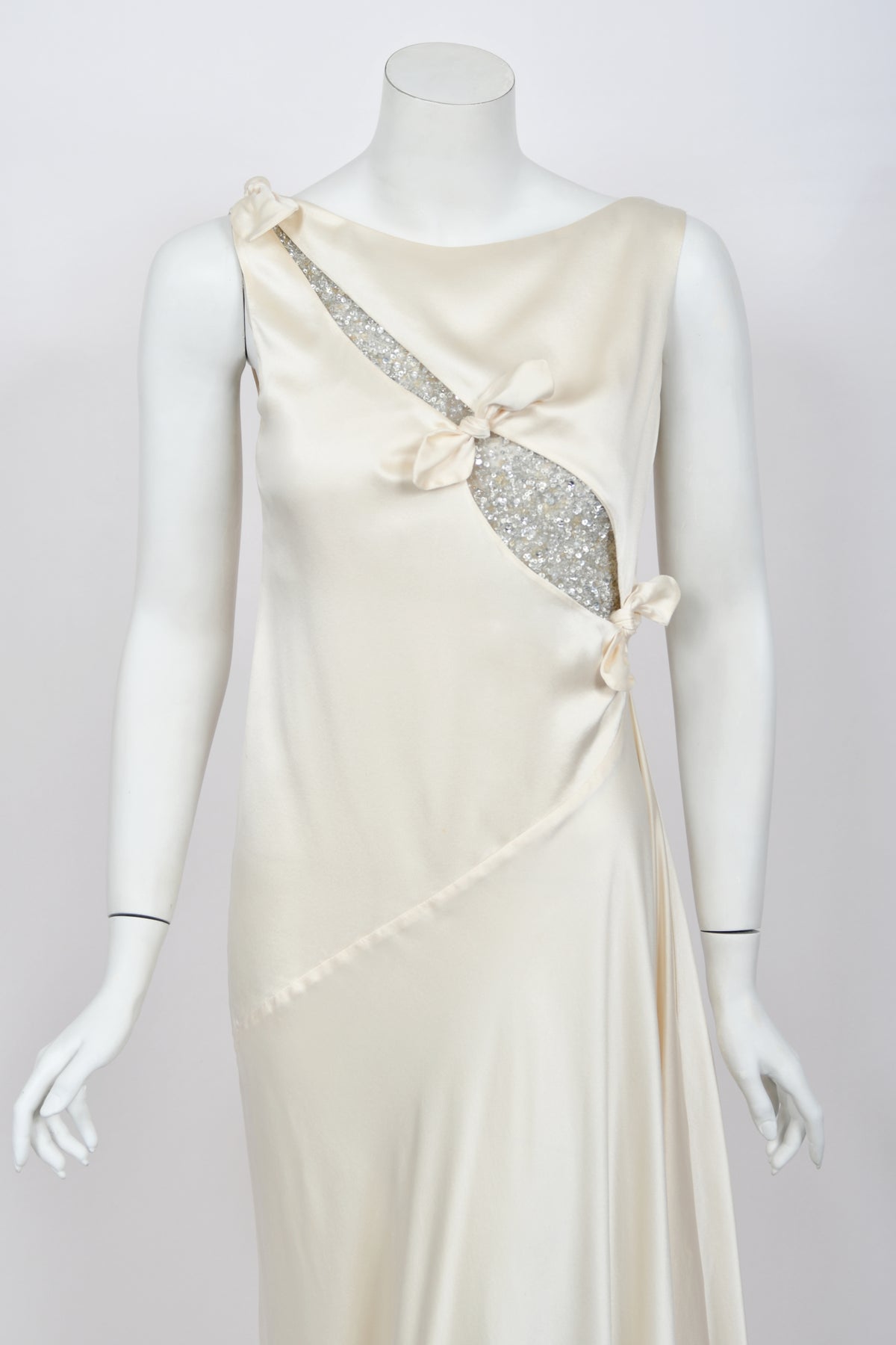 2002 Valentino Candlelight Silk Beaded Sequin Cut Out Ties Draped Bias-Cut Gown
