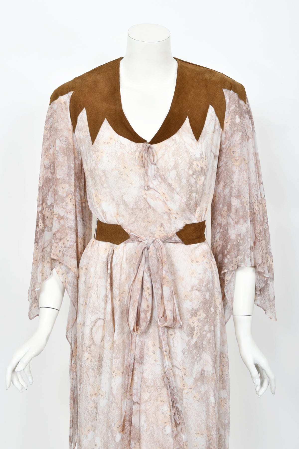 1971 Giorgio Sant&#39; Angelo Watercolor Chiffon &amp; Suede Angel-Sleeve Wrap Dress