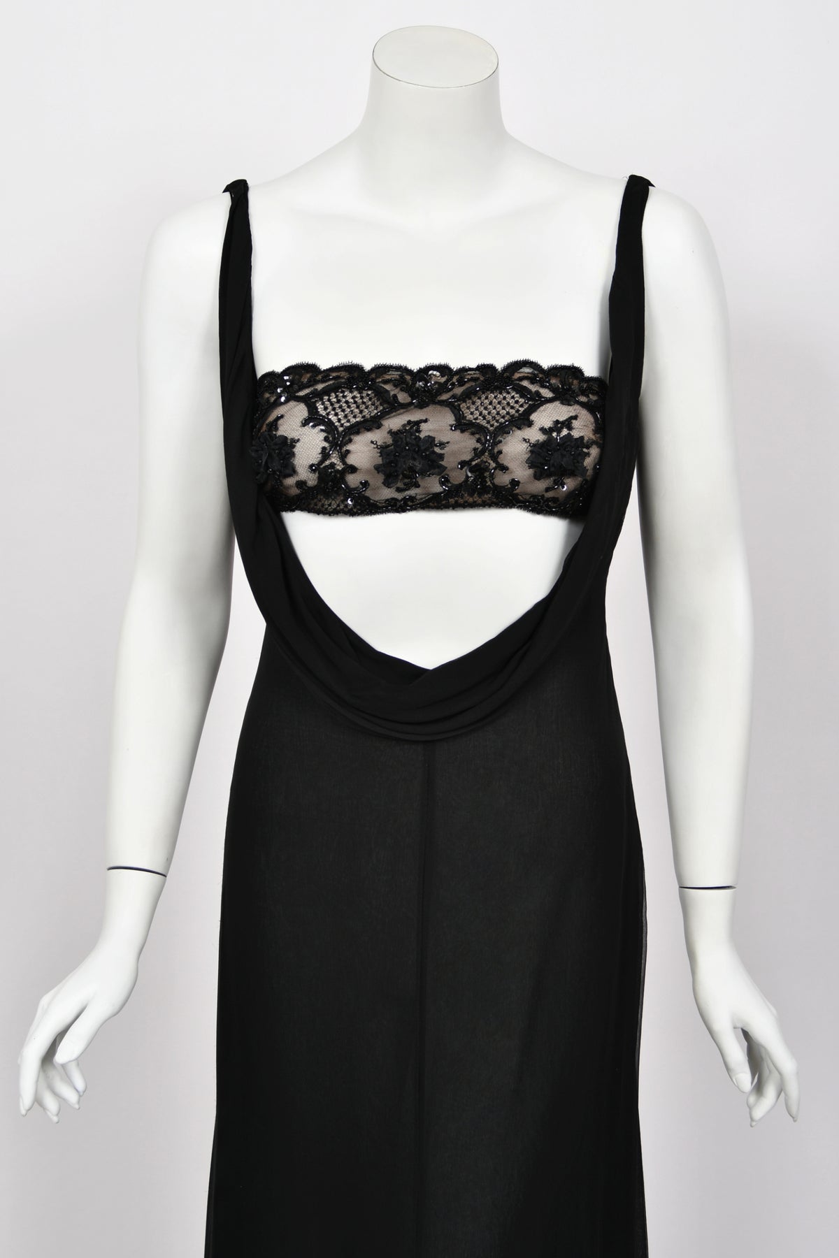 2004 Valentino Runway Beaded Bralette Draped Sheer Silk Cut-Out Gown