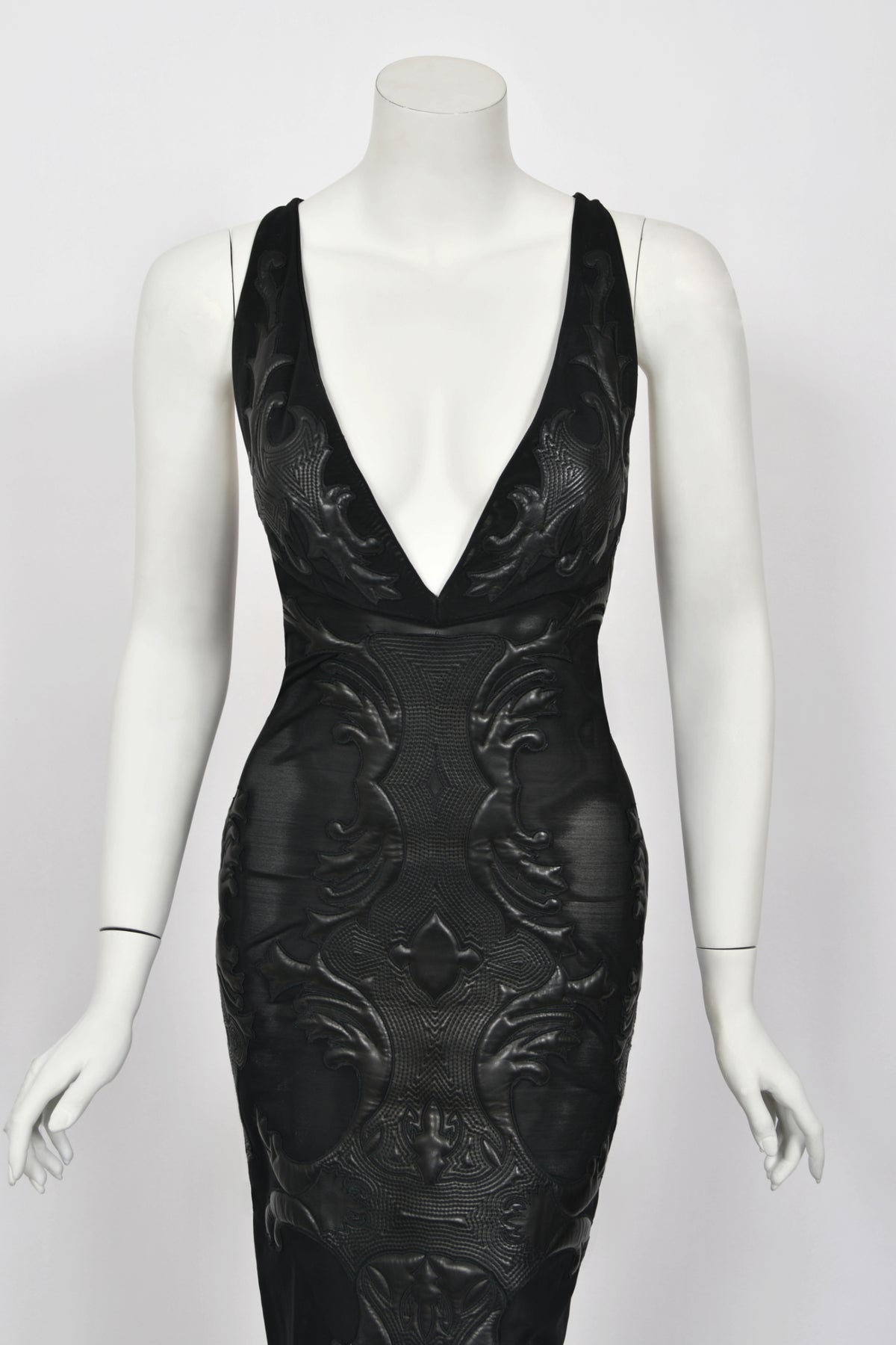 2002 Roberto Cavalli Black Leather Appliqué Sheer Mesh Low-Cut Hourglass Gown