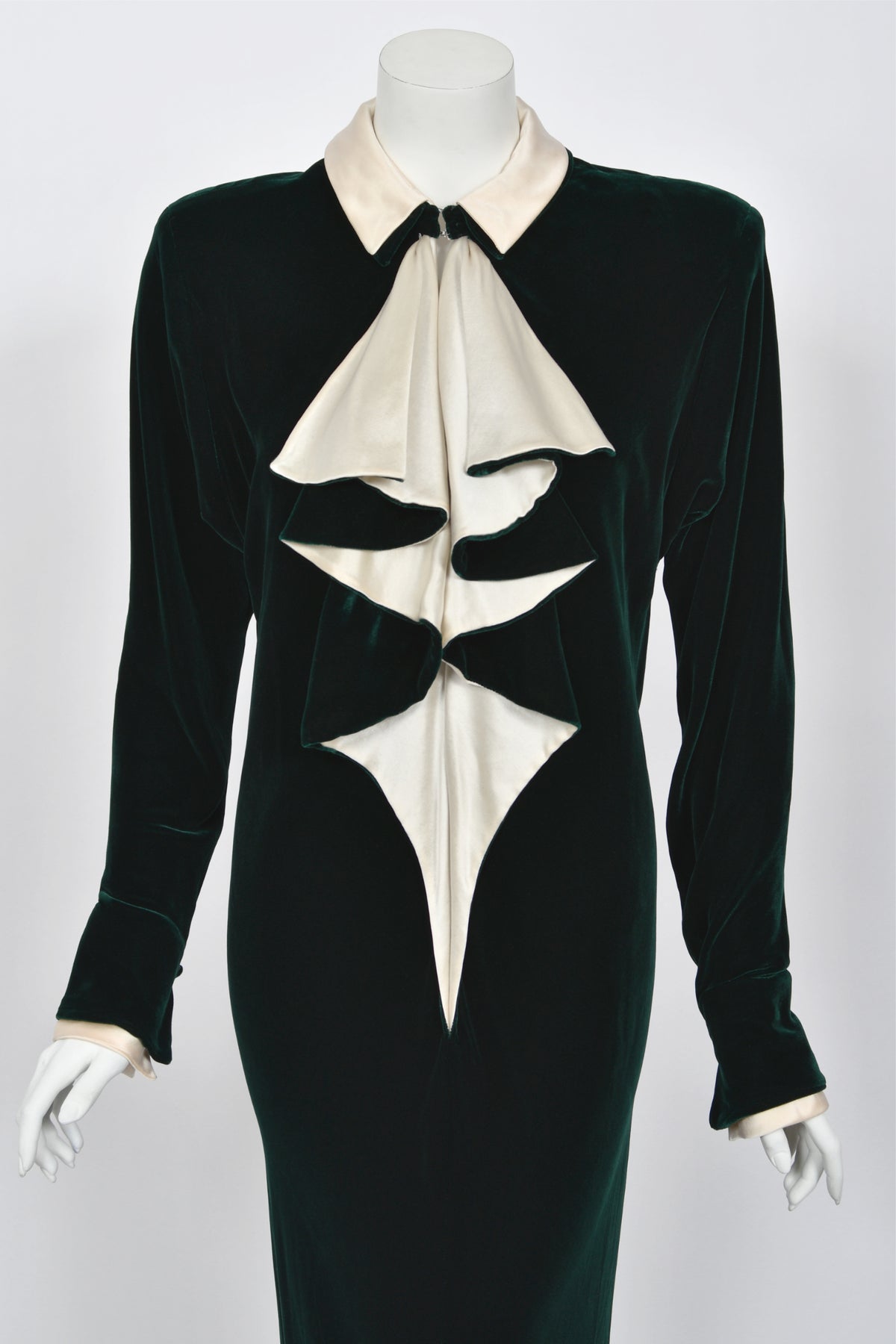 1978 Halston Couture Dark Green Velvet & Ivory Silk Ruffle Bodice Bias-Cut Gown