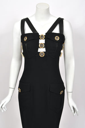 1992 Gianni Versace 'Miss S&M' Runway Collection Black Leather Bondage Wool Dress