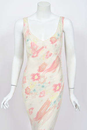 2008 John Galliano 'Grey Gardens' Collection Floral Silk High Low Bias-Cut Gown