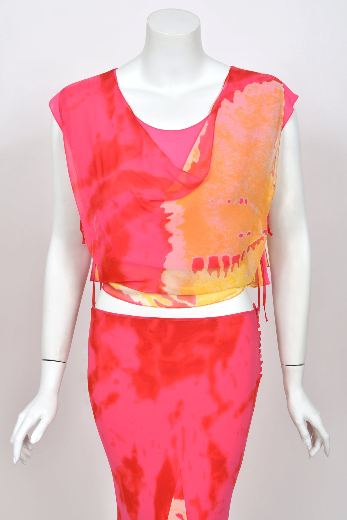 2003 Christian Dior by John Galliano Tie-Dye Pink Yellow Print Silk Cropped Blouse & Bias-Cut Skirt