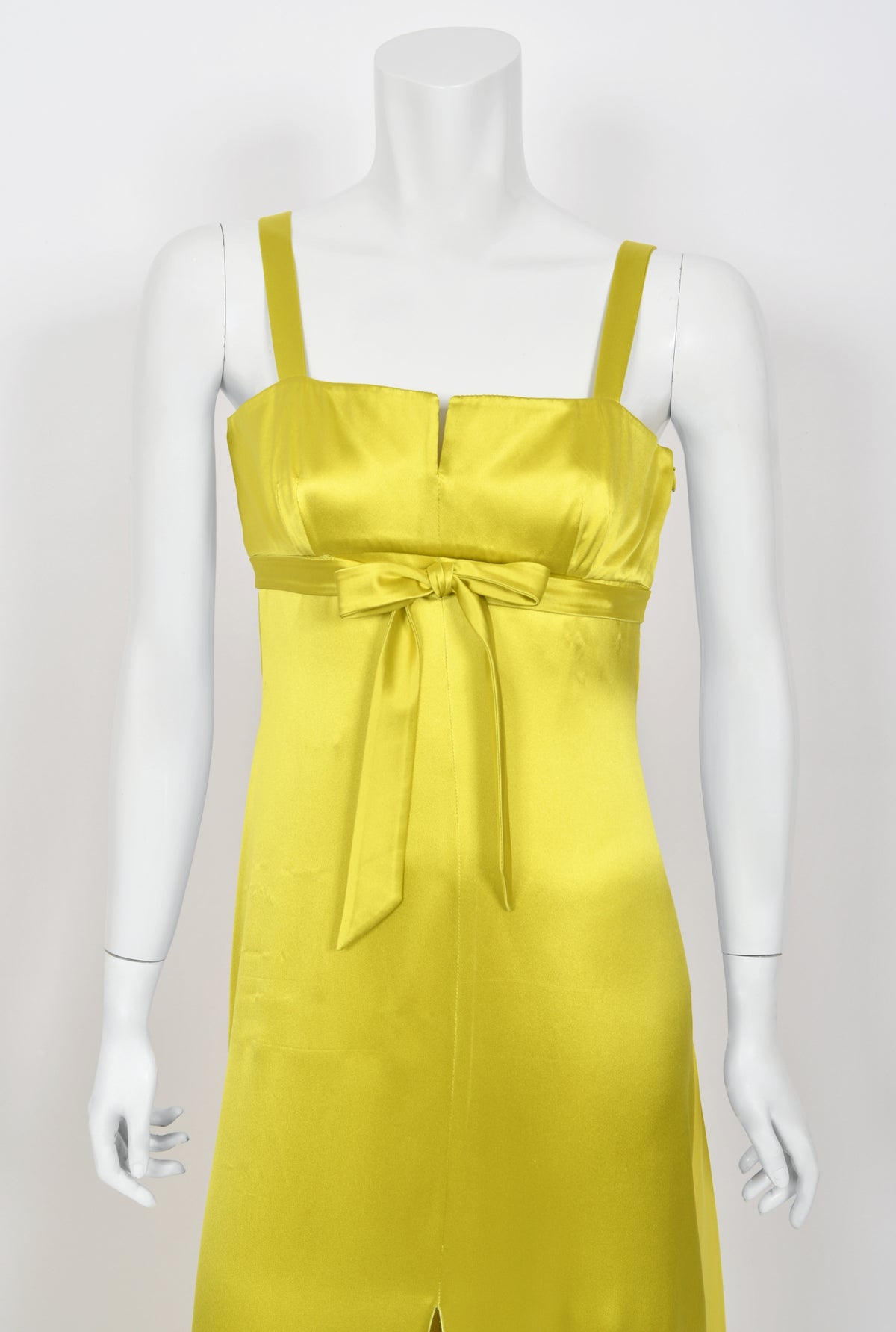 2005 Valentino Runway Chartreuse Yellow Silk Shelf-Bust Bustier High Slit Gown