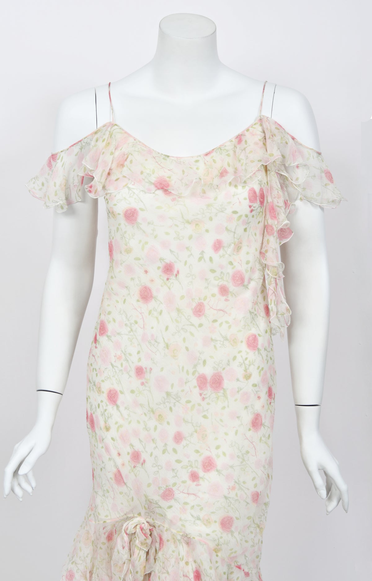 1999 Christian Dior by John Galliano Pink Roses Print Silk Off Shoulder Bias-Cut Dress