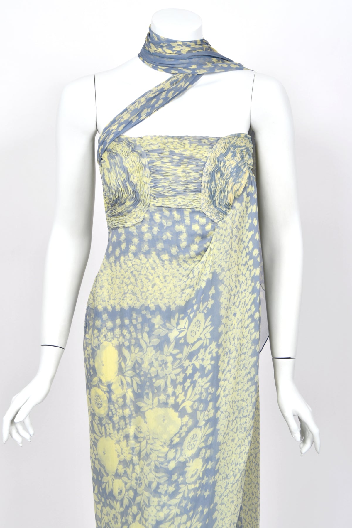 1995 Valentino Runway Periwinkle & Yellow Floral Print Silk Ruched Strapless Draped Gown