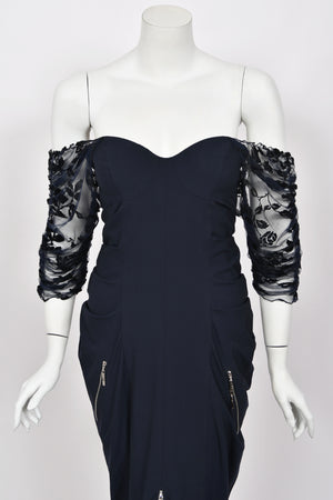 2004 Christian Dior by John Galliano Navy Stretch Silk Sheer-Sleeves Hourglass Dress
