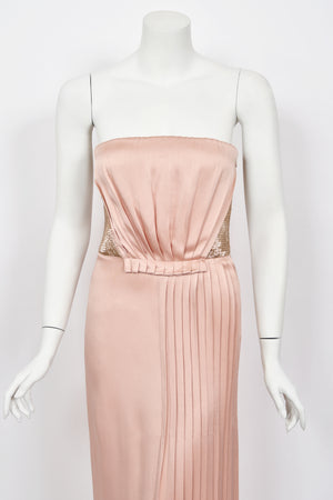 2012 John Galliano Blush Pink Silk Beaded Bustier Strapless Pleated-Side Gown