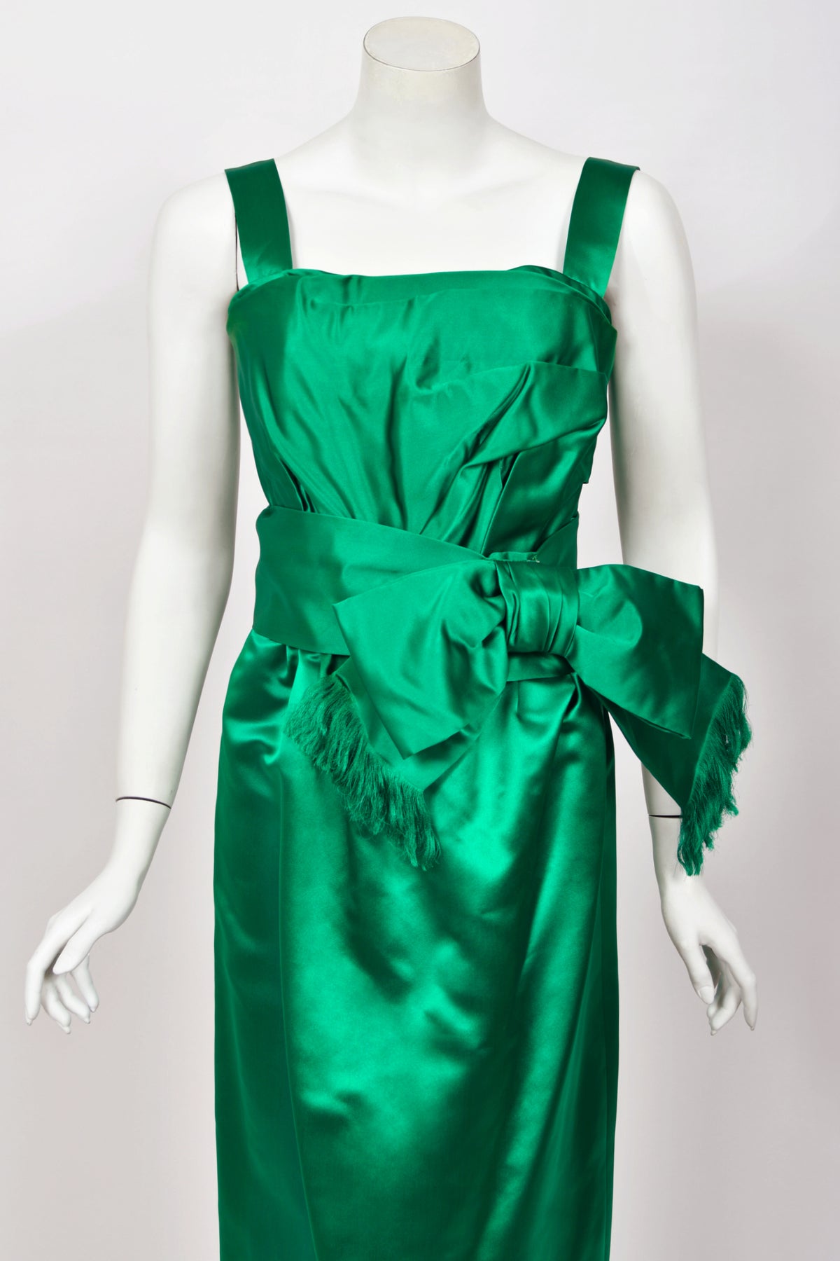 1958 Christian Dior by Yves Saint Laurent Emerald Green Satin Sash-Bow Cocktail Dress