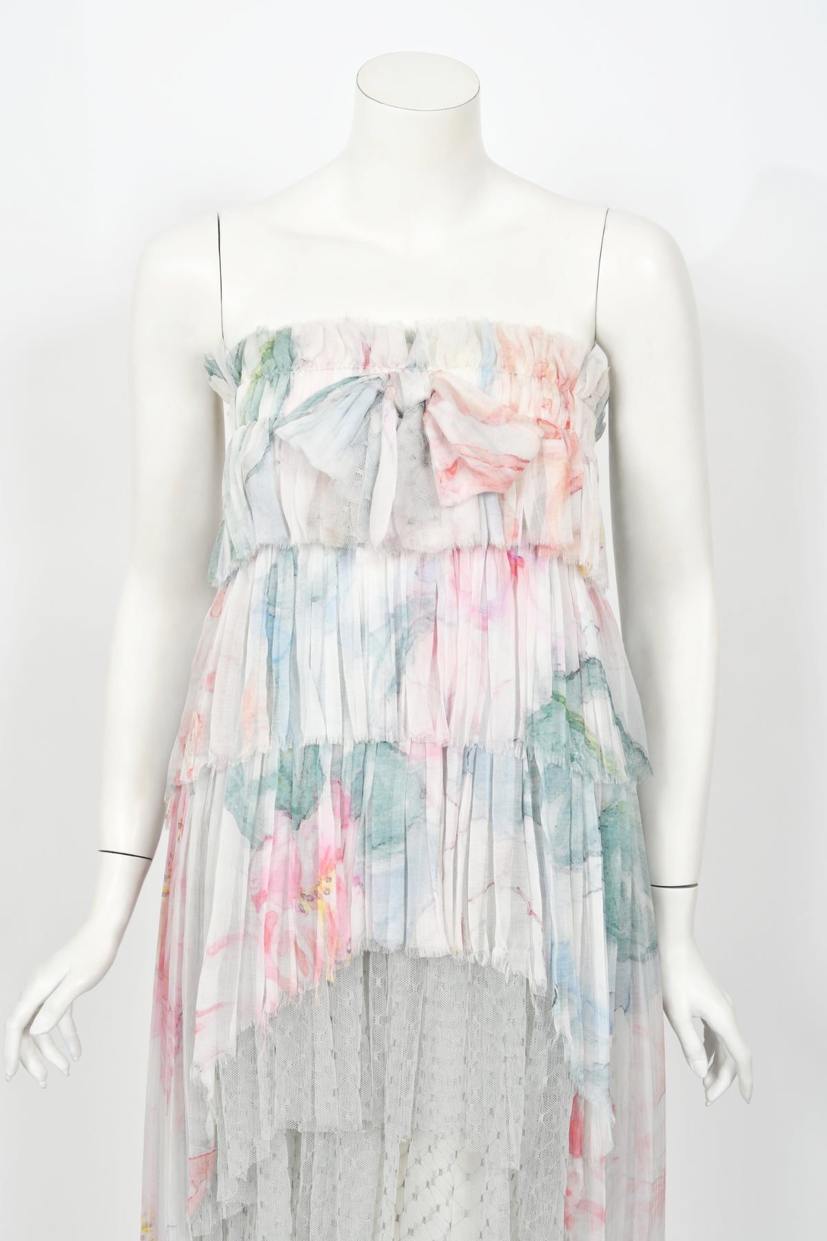 2013 Chanel by Karl Lagerfeld Pastel Floral Silk &amp; Sheer Tulle Strapless Dress