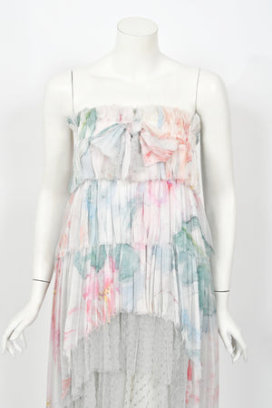 2013 Chanel by Karl Lagerfeld Pastel Floral Silk & Sheer Tulle Strapless Dress