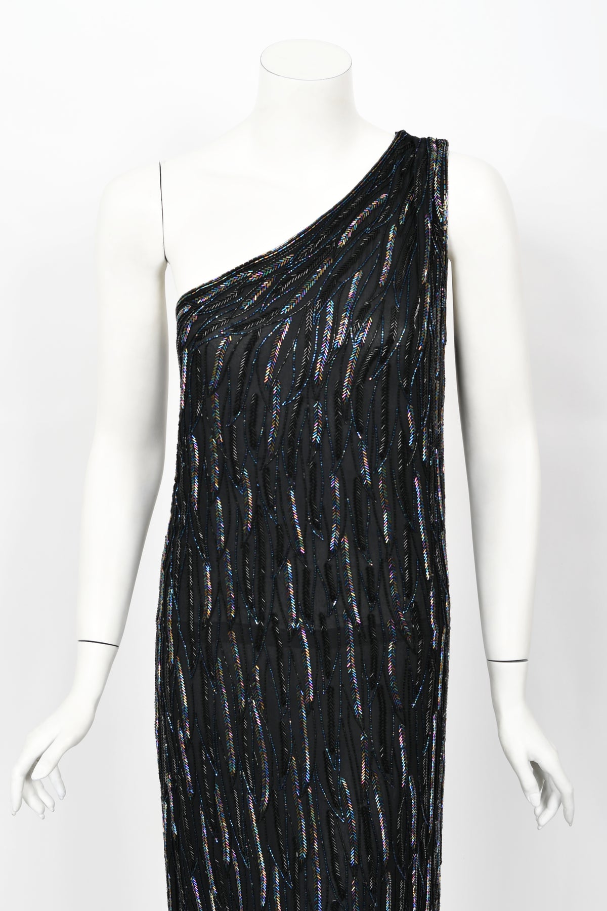 1970&#39;s Halston Couture Iridescent Beaded Black Silk One-Shoulder Dress