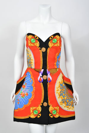 1991 Gianni Versace Documented Runway Baroque Print Silk Strapless Mini Dress